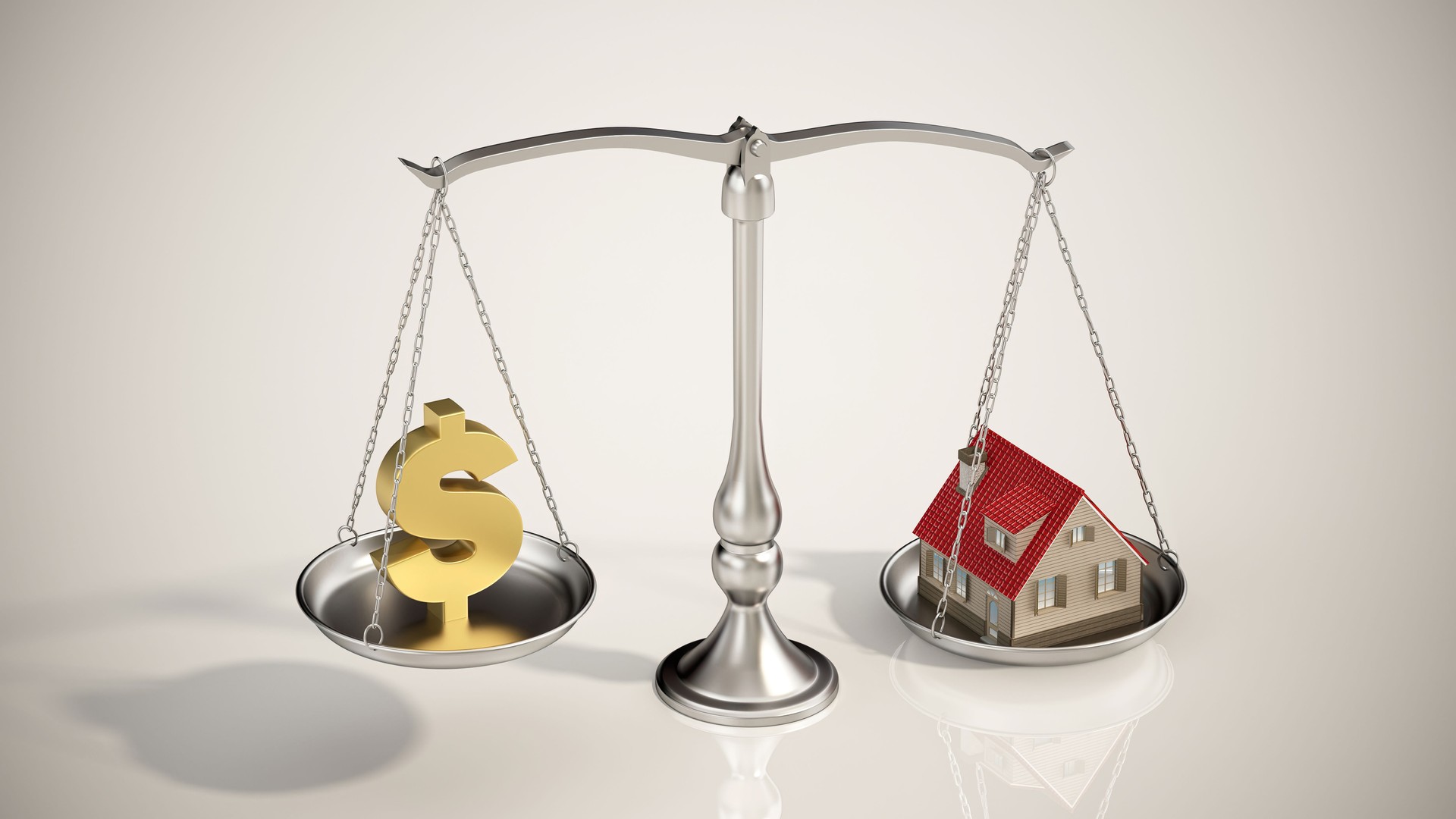 A gold dollar sign and a small house model are placed on opposite sides of a balance scale where house weighs more than the dollar. House Investment Concept.